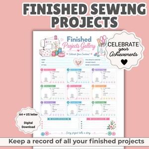 以下が含まれることがあります： Finished Projects Galleryという見出し、ミシンのイラスト、プロジェクトの詳細を記録する9つの番号付きセクションを備えた印刷可能な裁縫プロジェクトトラッカーシート。写真、日付、メモ用のスペースがあり、A4およびUSレターサイズに対応しています。