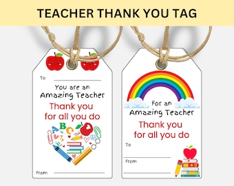 Teacher Thank You Gift Tag, Teacher Appreciation, Printable Thank you Tags, Gift for Teacher, Printable Thank you Tag for Gift