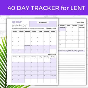 40 Day Lent Printable Tracker, Chart for 40 Day Lent Commitment, Printable pdf, US letter or A4