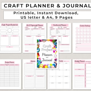 May include: A printable craft planner and journal featuring pages for project planning, art, needlework, and a creative challenge. Available in US letter and A4 sizes, with 9 pages. Includes a budget and weekly planner.