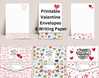 Op de afbeelding: Printbare Valentijnsdag enveloppen en schrijfpapier met verschillende hartontwerpen. De enveloppen hebben een witte achtergrond met rode, roze en blauwe harten. Het schrijfpapier heeft een witte achtergrond met rode harten en de tekst "Gelukkige Valentijnsdag".