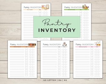 May include: A collection of pantry inventory sheets with headings for dry goods, canned goods, herbs & spices, baking supplies, and other items. Each sheet includes space to record quantity and date. The central graphic reads "Pantry Inventory".