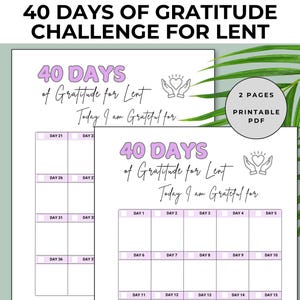 40 Days Gratitude Challenge for Lent,  Printable Tracker, Chart for 40 Day Lent Commitment, Printable pdf, US letter or A4