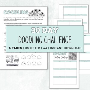 Puede incluir: Un desafío de garabateo de 30 días imprimible con cinco páginas de indicaciones y espacio para garabatear. El desafío incluye una página de título con el texto "30 Day Doodling Challenge" y una página con el texto "Doodling Challenge".