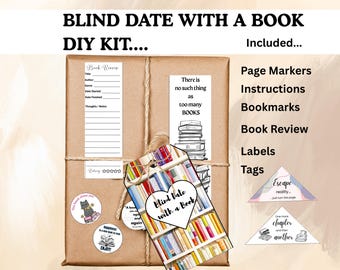 May include: A brown paper-wrapped DIY kit labeled "Blind Date with a Book." The kit includes page markers, instructions, bookmarks, a book review sheet, labels, and tags. Decorative stickers and a tag with a bookshelf design are also included.
