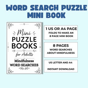 Afdrukbaar miniboek Mindfulness Word Search. Opvouwbaar zakboekje met wellness-puzzel.