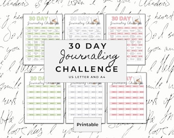 30 Day Printable Journaling Challenge Tracker with Journal Prompts or use your own. A4 or US Letter. 3 Colorways to choose from