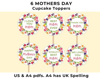 Mother's Day Cupcake Topper, Printable Topper, Digital Download, Happy Mother's Day Tags 2.25" x 2.25", Mother's Day Brunch Cupcakes