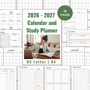 May include: A planner with a green and white cover, featuring the text "2026-2027 Calendar and Study Planner." The image includes calendar pages, a daily planner, and a goal tracker. The planner is available in US Letter and A4 sizes.