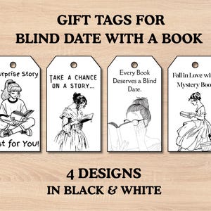 Könnte beinhalten: Vier schwarz-weiße Geschenkanhänger für Blind Dates mit Büchern. Jeder Anhänger zeigt eine andere Illustration einer lesenden Person mit Aufschriften wie "A Surprise Story" und "Fall in Love with a Mystery Book!" aufgedruckt.