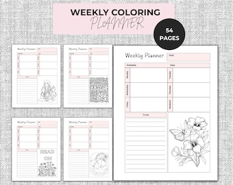 Printable Weekly Coloring Planner, Yearly Planner with Weekly Coloring Pages, Wellness Planner