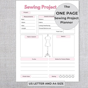Printable Sewing Project Planner and Journal, One Page Sewing Project Sheet