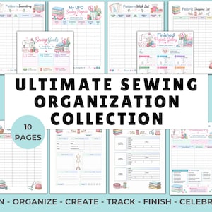 May include: A collection of 10 printable sewing organization pages featuring pastel illustrations of sewing machines, fabric stacks, and scissors. The sheets include headers like Pattern Inventory, Sewing Goals, and Fabric Shopping List with grids for tracking projects.