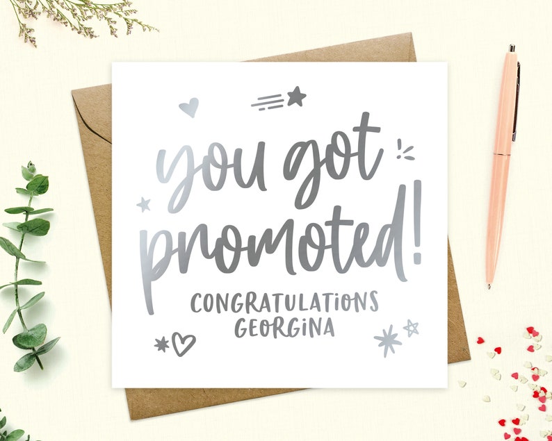 Promotion card personalised - You got promoted, congratulations promotion, new job role, proud of you, real metallic foil, keepsake Silver