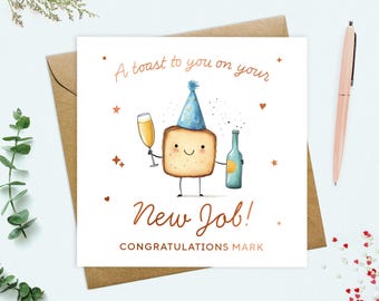 New job Card for him - personalised real metallic foil congratulations card, a toast to you on your new job