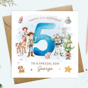 May include: A square birthday greeting card featuring a large blue watercolor number 5, surrounded by illustrations of Toy Story characters including Woody, Buzz Lightyear, Jessie, and Rex. The text reads Happy 5th Birthday to a special son George.