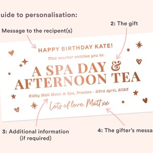 Może przedstawiać: Biały bon podarunkowy z wzorem w kolorze r&oacute;żowego złota. Tekst brzmi "Happy Birthday Kate! This voucher entitles you to: A Spa Day & Afternoon Tea. Ribby Hall Hotel & Spa, Preston - 23rd April, 2023. Lots of love. Matt xx"