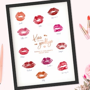 Kiss the Miss Goodbye Print, Lipstick Print, Hen Party Print, Bachelorette, Bride Tribe, Keepsake, Metallic Foil, Personalised Print, Kisses