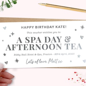 Może przedstawiać: Biała kartka z szarym i białym wzorem. Na kartce napisano "Happy Birthday Kate! This voucher entitles you to: A Spa Day & Afternoon Tea Ribby Hall Hotel & Spa, Preston - 23rd April, 2023 Lots of love. Matt xx"