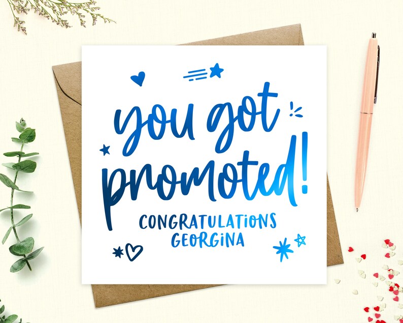 Promotion card personalised - You got promoted, congratulations promotion, new job role, proud of you, real metallic foil, keepsake Blue