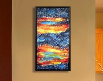 Pintura abstracta de atardecer, hoja de metal de cobre dorado, técnica mixta, acrílico texturizado sobre lienzo, 50,8 x 25,4 cm