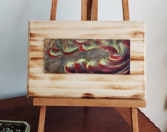 Original Abstract Acrylic painting on a smocked wood panel, Burned wood panel frame, Modern art, Unique gift, Small artwork, 6.5x10in