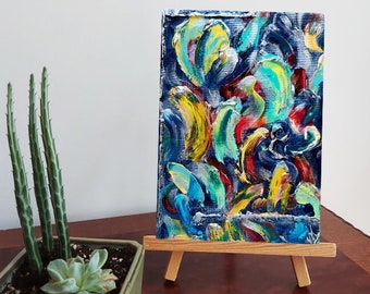 Original Abstract Acrylic, Mixed media painting on a Black canvas board, Multicoloured artwork, Affordable mini art gift, 10x8in