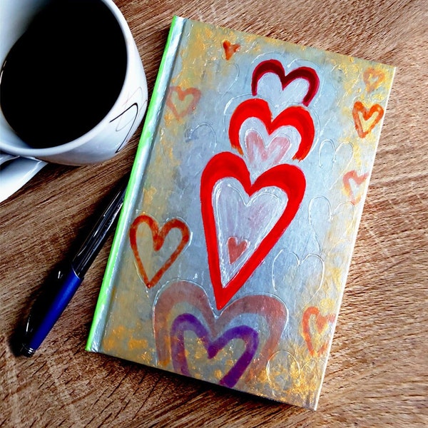 Hand Painted Notebook, Mother's Day Gift, Textured Acrylic Hearts Painting, Affordable Love Present, Custom Portable Memo Journal