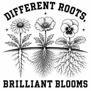 Puede incluir: Una ilustración de arte lineal en blanco y negro que muestra tres flores distintas con sistemas de raíces visibles que crecen desde una línea de suelo curva. El texto DIFFERENT ROOTS, BRILLIANT BLOOMS aparece en negrita sobre y bajo las flores.