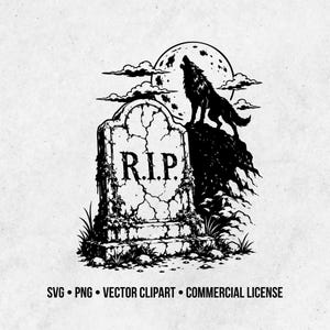 May include: A black and white graphic illustration featuring a cracked tombstone with the text R.I.P. engraved on the front. Behind the tombstone, a wolf stands on a rocky cliff howling at a large full moon surrounded by scattered clouds.