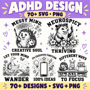 Może przedstawiać: Cyfrowa kolekcja ponad 70 projektów SVG i PNG zatytułowana ADHD DESIGN. Grafiki przedstawiają czarno-białe ilustracje, w tym jeża z przyborami plastycznymi, oposa, gęś z mapą oraz zwierzęta uczące się przy stole.