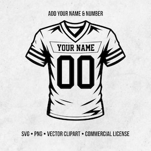May include: A black and white graphic illustration of a football jersey featuring a V-neck collar, short sleeves with stripes, and the text "ADD YOUR NAME & NUMBER" at the top, "YOUR NAME" in the center, and the number "00" below.
