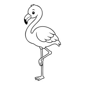 Pode incluir: Uma ilustração de arte linear em preto e branco de um flamingo em pé sobre uma perna. A ave apresenta um pescoço longo e curvo, um corpo arredondado com penas visíveis nas asas e um bico distinto com uma ponta escura. O design é simples.