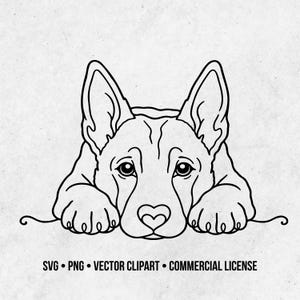 May include: A black and white line art illustration of a dog with pointed ears resting its head on its front paws. The dog's nose is shaped like a heart. Below the illustration, the text reads: SVG • PNG • VECTOR CLIPART • COMMERCIAL LICENSE.