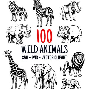 Peut inclure: Une collection d'illustrations en noir et blanc représentant un loup, un zèbre, un phacochère, un rhinocéros, un hippopotame, une girafe, un éléphant, un lion et un paresseux. Le texte indique 100 WILD ANIMALS SVG PNG VECTOR CLIPART.