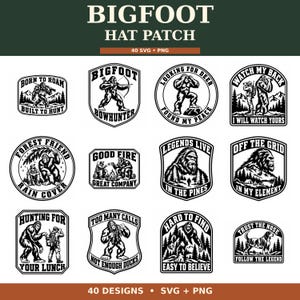 Bigfoot-Hutaufnäher-SVG-Bundle, 40 Sasquatch-Jagdabzeichen-Designs, PNG F