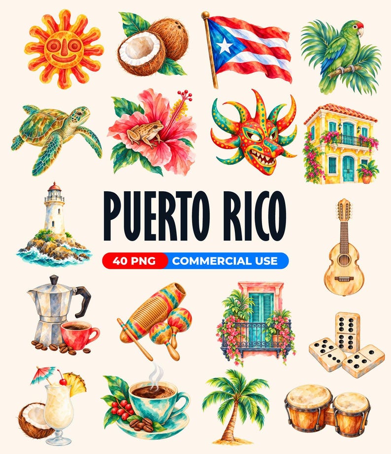 Puerto Rico PNG Bundle, 40 Watercolor Clipart, Hispanic Heritage ...