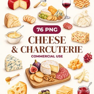May include: A collection of digital illustrations featuring various cheeses, charcuterie, crackers, grapes, figs, walnuts, a glass of red wine, a honey dipper, and a jar of jam, with the text 76 PNG CHEESE & CHARCUTERIE COMMERCIAL USE.