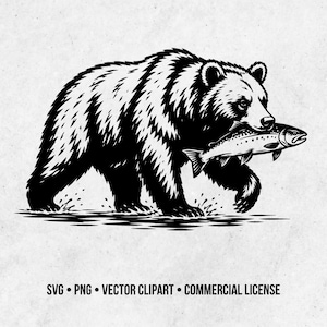 May include: A black and white graphic illustration of a bear walking through water whilst carrying a fish in its mouth. Below the bear, the text reads: SVG • PNG • VECTOR CLIPART • COMMERCIAL LICENSE. The design features high contrast lines.