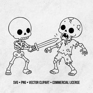 May include: A black and white line art illustration featuring a skeleton holding a sword pointed toward a zombie. The zombie has a tattered shirt and visible skull damage. Below the figures, the text reads: SVG • PNG • VECTOR CLIPART • COMMERCIAL LICENSE.
