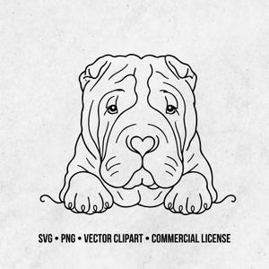 Op de afbeelding: Een zwart-witte lijntekening van een Shar-Pei hond met opvallende gezichtsrimpels en gevouwen oren, getoond vanaf de borst met de voorpoten naar voren rustend. De tekst onderaan luidt SVG • PNG • VECTOR CLIPART • COMMERCIAL LICENSE.