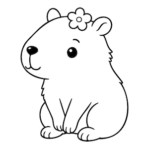 Op de afbeelding: Een zwart-wit lijntekening van een capibara in zijaanzicht. De capibara heeft een klein bloemetje boven op de kop, een afgeronde snuit, een donkere neus en een eenvoudige, strakke omtrek die geschikt is om in te kleuren.