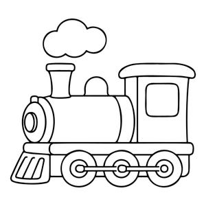 Könnte beinhalten: Eine schwarz-weiße Strichzeichnung einer Dampflokomotive. Der Zug verfügt über einen Schienenräumer an der Vorderseite, drei große Räder, die durch eine Stange verbunden sind, einen Schornstein, ein Führerhaus mit Fenster und eine Rauchwolke.