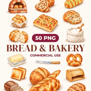 Peut inclure: Une collection d'illustrations de boulangerie style aquarelle comprenant divers pains, un four en brique, un panier de petits pains, une focaccia, un bretzel, un beurrier, un couteau et une boîte à pain avec le texte 50 PNG BREAD & BAKERY.