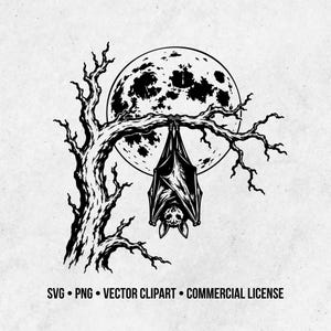 May include: A black and white digital illustration featuring a bat hanging upside down from a bare, gnarled tree branch in front of a large, textured full moon. The text SVG PNG VECTOR CLIPART COMMERCIAL LICENSE is printed at the bottom.