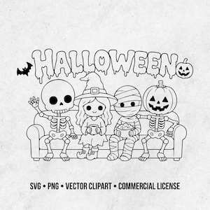 Könnte beinhalten: Eine schwarz-weiße Strichzeichnung mit dem Wort HALLOWEEN in tropfender Schrift über einem Skelett, einer Hexe, einer Mumie und einer Figur mit Kürbiskopf, die auf einem Sofa sitzen, ergänzt durch eine kleine Fledermaus und einen Kürbis.