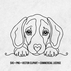 Op de afbeelding: Een zwarte lijntekening van een puppygezicht met hangende oren en een hartvormige neus. Het ontwerp bevat de tekst SVG PNG VECTOR CLIPART COMMERCIAL LICENSE onderaan, uitgevoerd in een strakke, doorlopende lijnstijl.