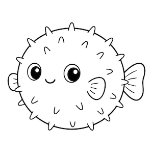 Puede incluir: Una ilustración de arte lineal en blanco y negro de un pez globo redondo. El pez presenta grandes ojos circulares oscuros, una pequeña sonrisa curva y numerosas espinas puntiagudas que sobresalen de su cuerpo esférico, junto con aletas laterales y caudales.