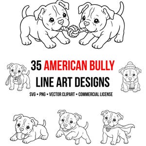 Op de afbeelding: Een collectie van 35 American Bully lijntekeningen met zwart-wit illustraties van puppy's in verschillende houdingen, waaronder spelend met een touw, met een sjaal en muts, met een bal of een cape, met de tekst 35 AMERICAN BULLY LINE ART DESIGNS SVG PNG VECTOR CLIPART COMMERCIAL LICENSE.