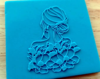 Floral Lady Cookie Embosser, Floral Woman Cookie Debosser, Fondant Cookie Stamp - 88